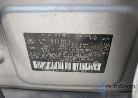 2016 Subaru Outback 2.5I Premium z USA, uszkodzony, nr VIN 4S4BSAFC9G3286705